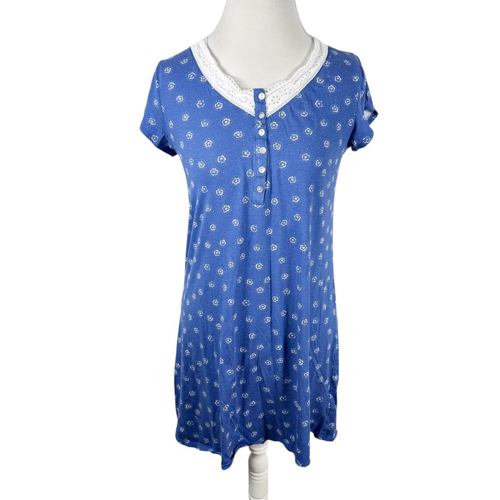 Eileen West V-Neck Henley Button Nightgown Blue Floral Knit Cotton Cottage Sz S - Picture 2 of 7